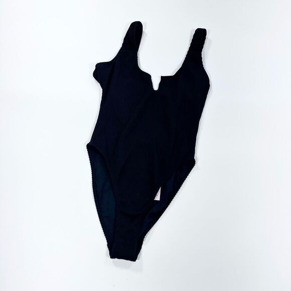 ASOS Missguided black ribbed high cut scoop back swim suit 32F - Picture 1 of 13